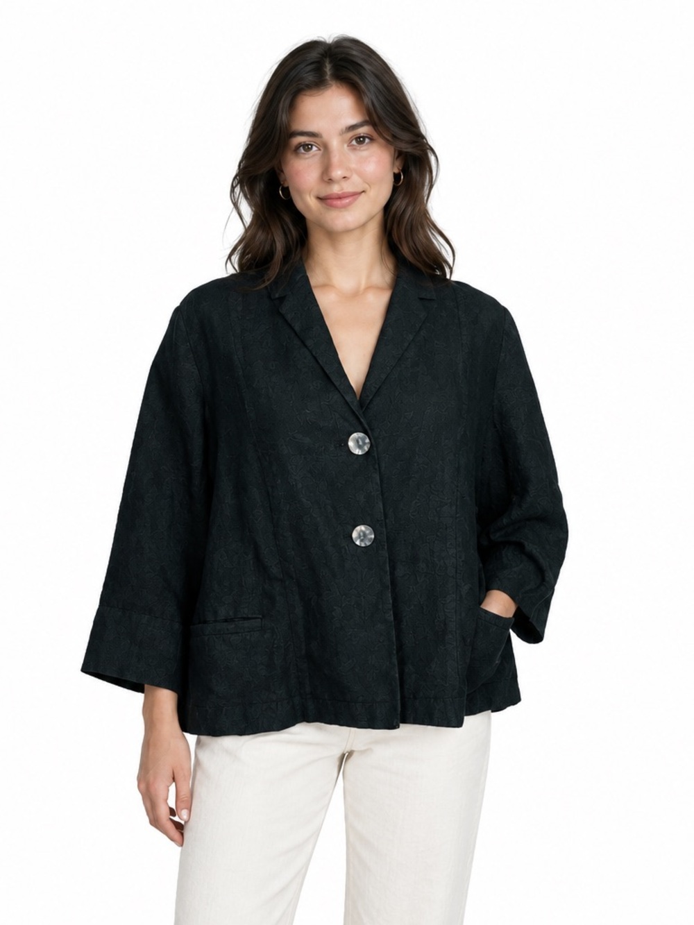 J. Jill Short Linen Jacket Black Swing Smock Size Small Made in India